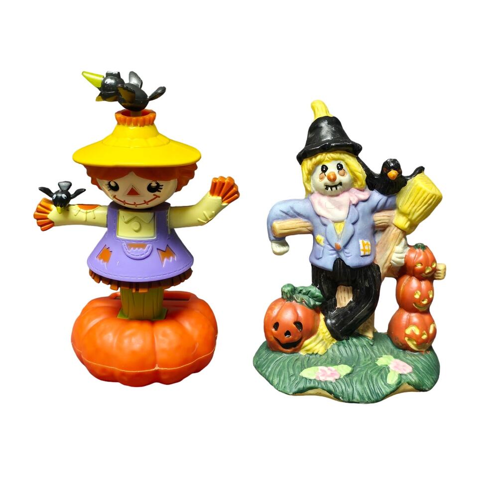 Solar Dancing Halloween Scarecrow Girl on Pumpkin & Crow Pumpkin Figurine Decor
